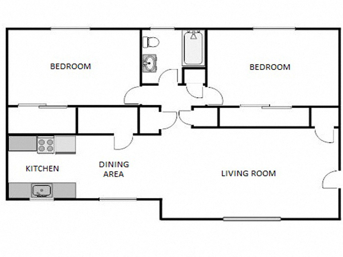 Floor plan for 2 beds, 1 bath, 900 sqft